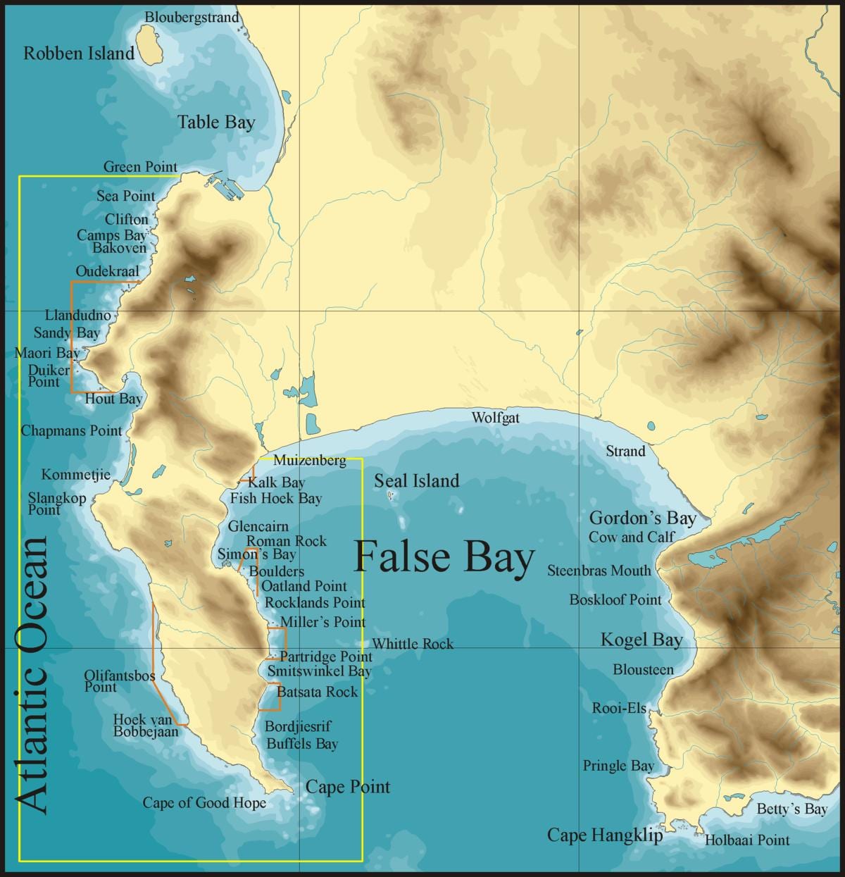 מפה של false bay, קייפטאון