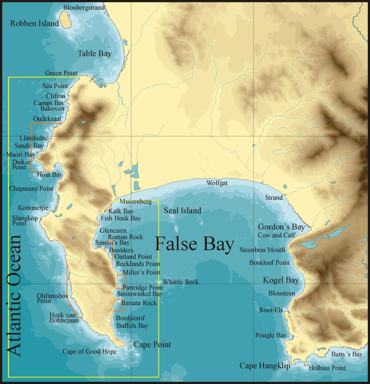 מפה של false bay, קייפטאון