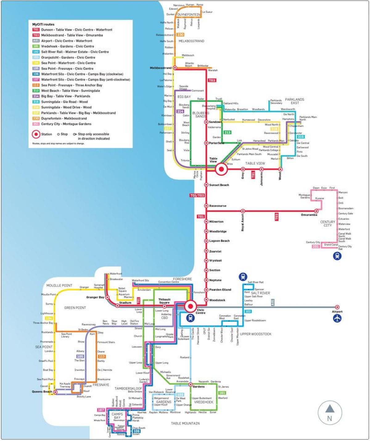 קייפטאון myciti מסלול האוטובוס מפה